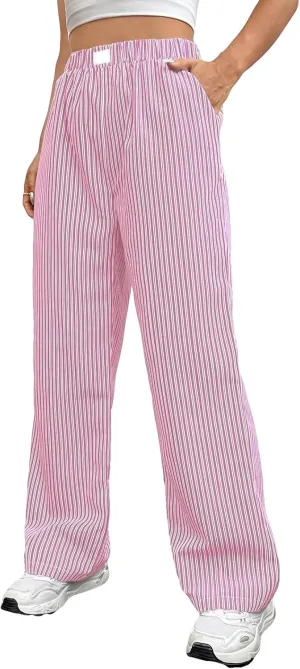 Karwuiio Women Y2k Striped Linen Boxer Pants High Waist Wide Leg Lounge Trousers Fashion Casual Pants Streetwear