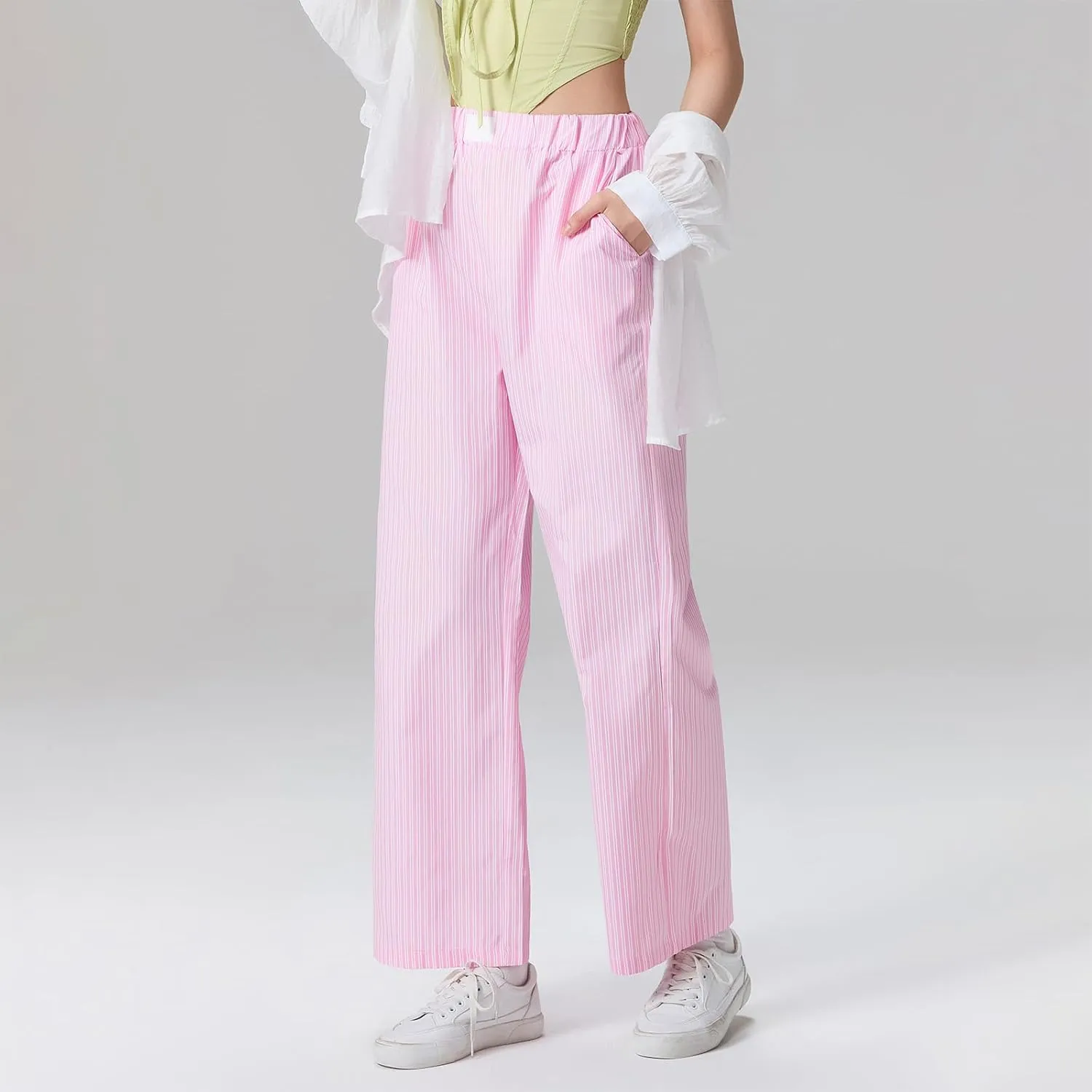Karwuiio Women Y2k Striped Linen Boxer Pants High Waist Wide Leg Lounge Trousers Fashion Casual Pants Streetwear