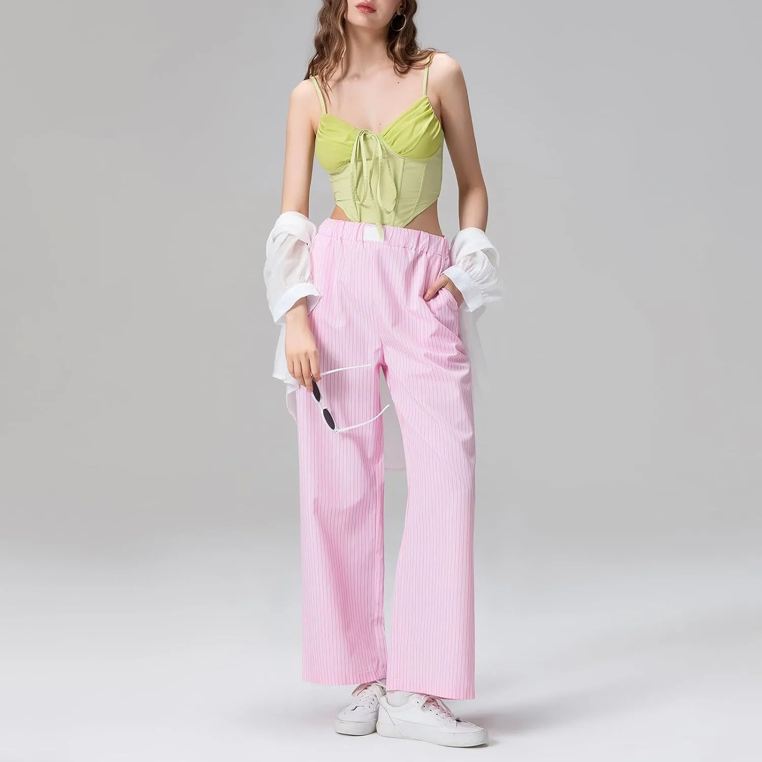 Karwuiio Women Y2k Striped Linen Boxer Pants High Waist Wide Leg Lounge Trousers Fashion Casual Pants Streetwear