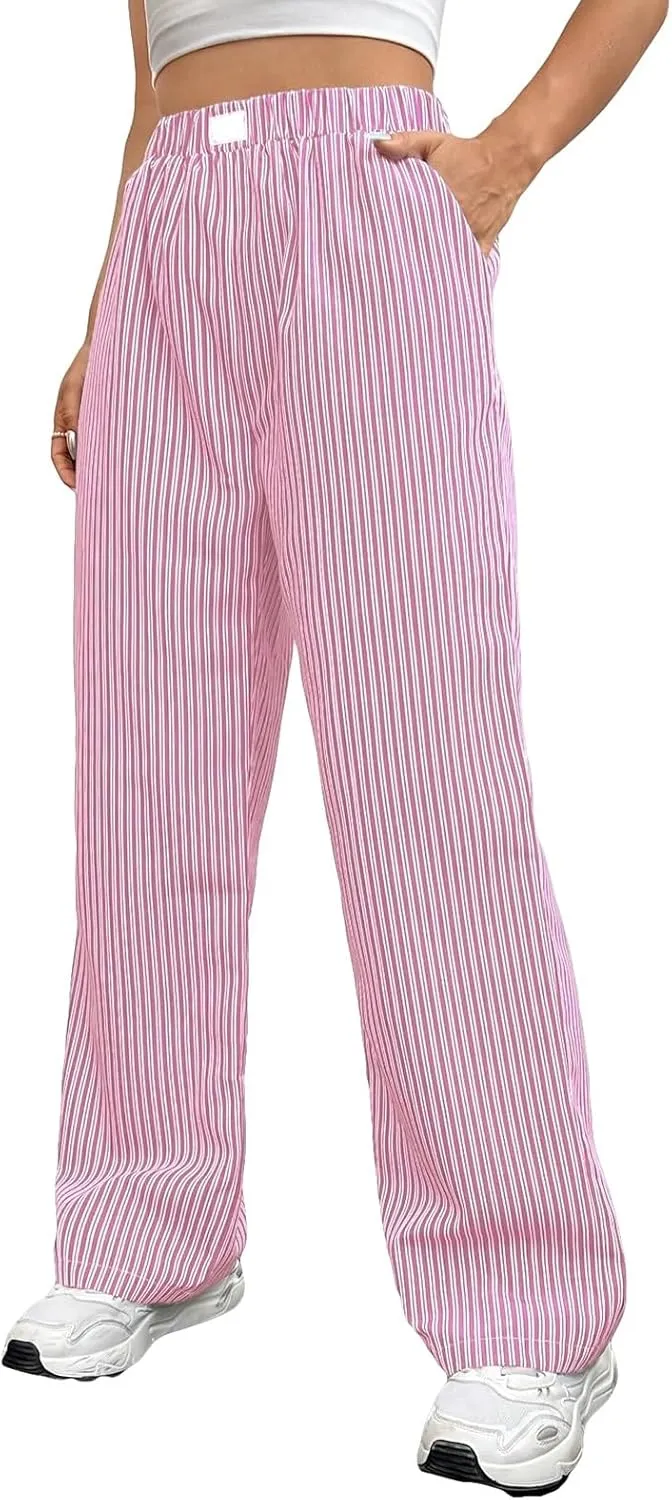 Karwuiio Women Y2k Striped Linen Boxer Pants High Waist Wide Leg Lounge Trousers Fashion Casual Pants Streetwear