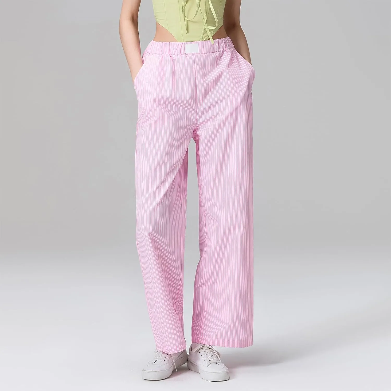 Karwuiio Women Y2k Striped Linen Boxer Pants High Waist Wide Leg Lounge Trousers Fashion Casual Pants Streetwear
