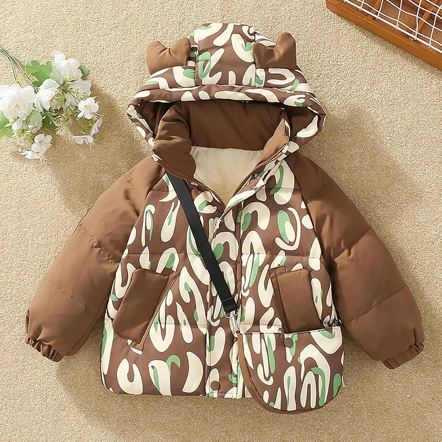 Kids Toddler Baby Girls Boys Winter Warm Thick Solid Cotton Long Sleeve Puffy Padded Jacket Coat Clothes with Bag