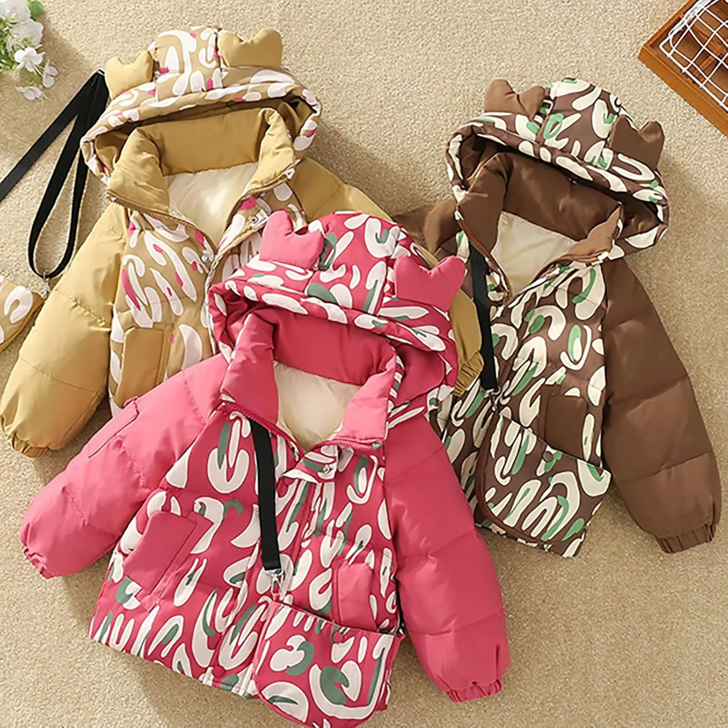 Kids Toddler Baby Girls Boys Winter Warm Thick Solid Cotton Long Sleeve Puffy Padded Jacket Coat Clothes with Bag