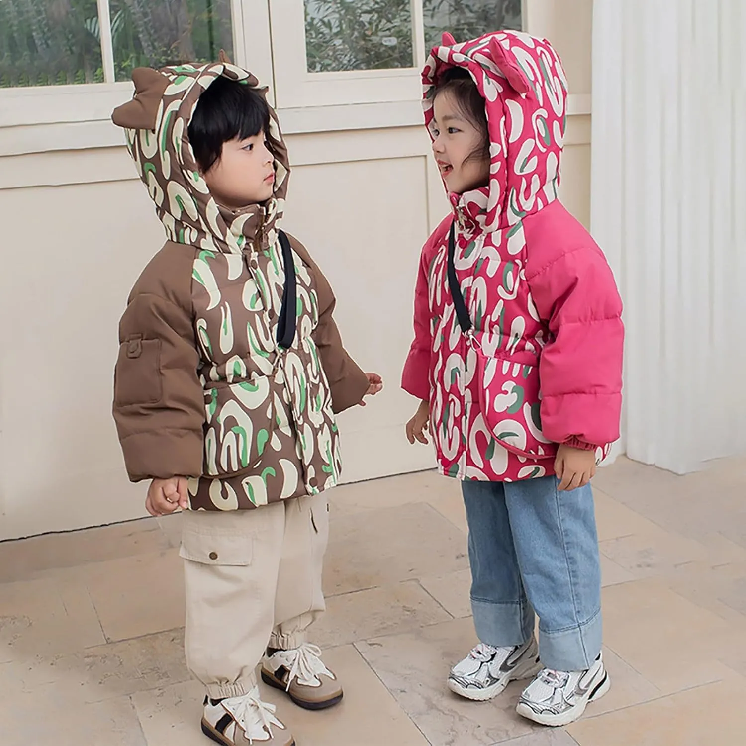 Kids Toddler Baby Girls Boys Winter Warm Thick Solid Cotton Long Sleeve Puffy Padded Jacket Coat Clothes with Bag