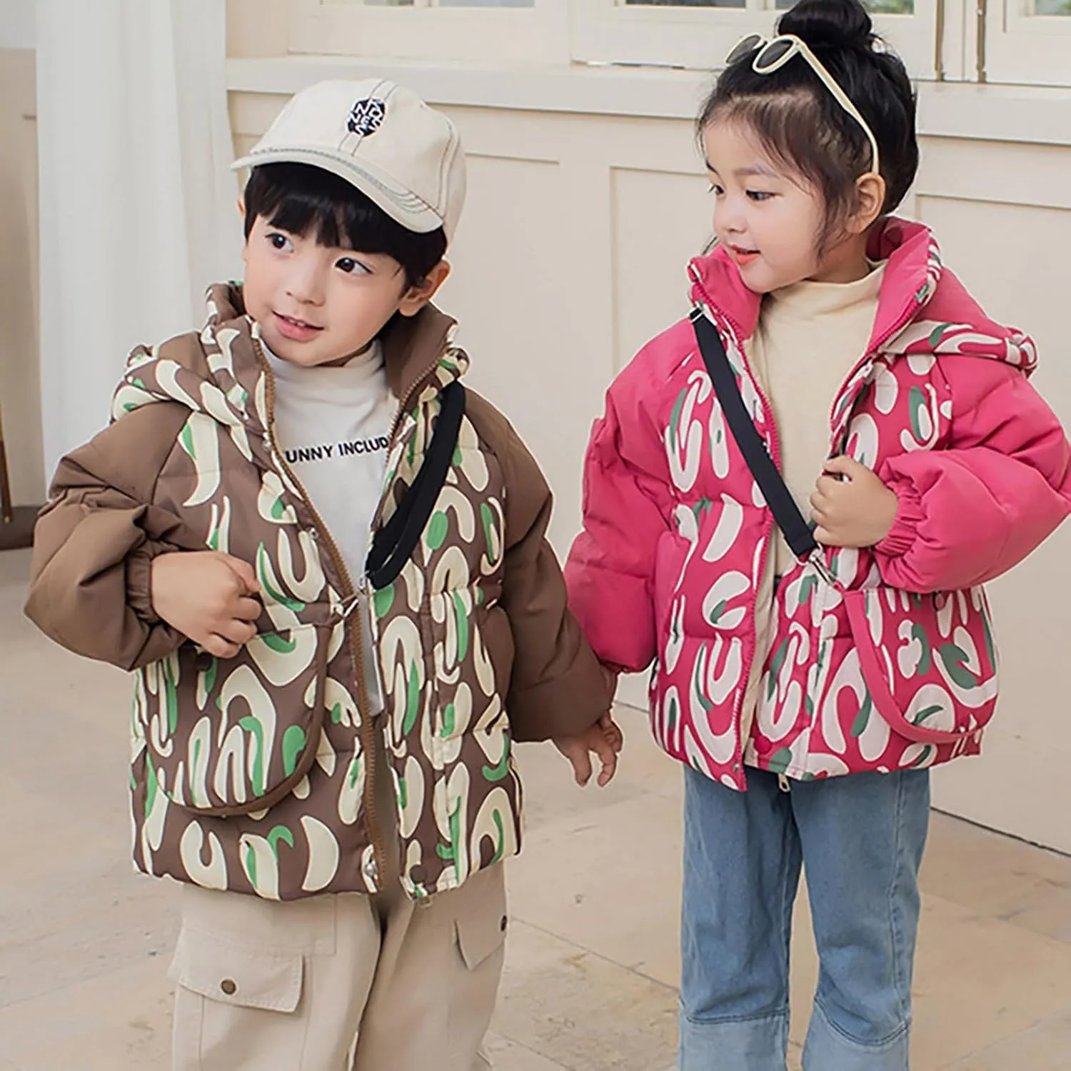 Kids Toddler Baby Girls Boys Winter Warm Thick Solid Cotton Long Sleeve Puffy Padded Jacket Coat Clothes with Bag