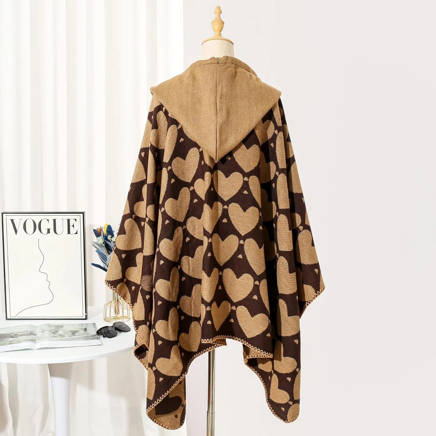 Knitted Poncho Shawl Wrap for Women Heart Print Hoodie Cape Winter Warm Trendy Tops Cloak for Cold Weather Travel 2024