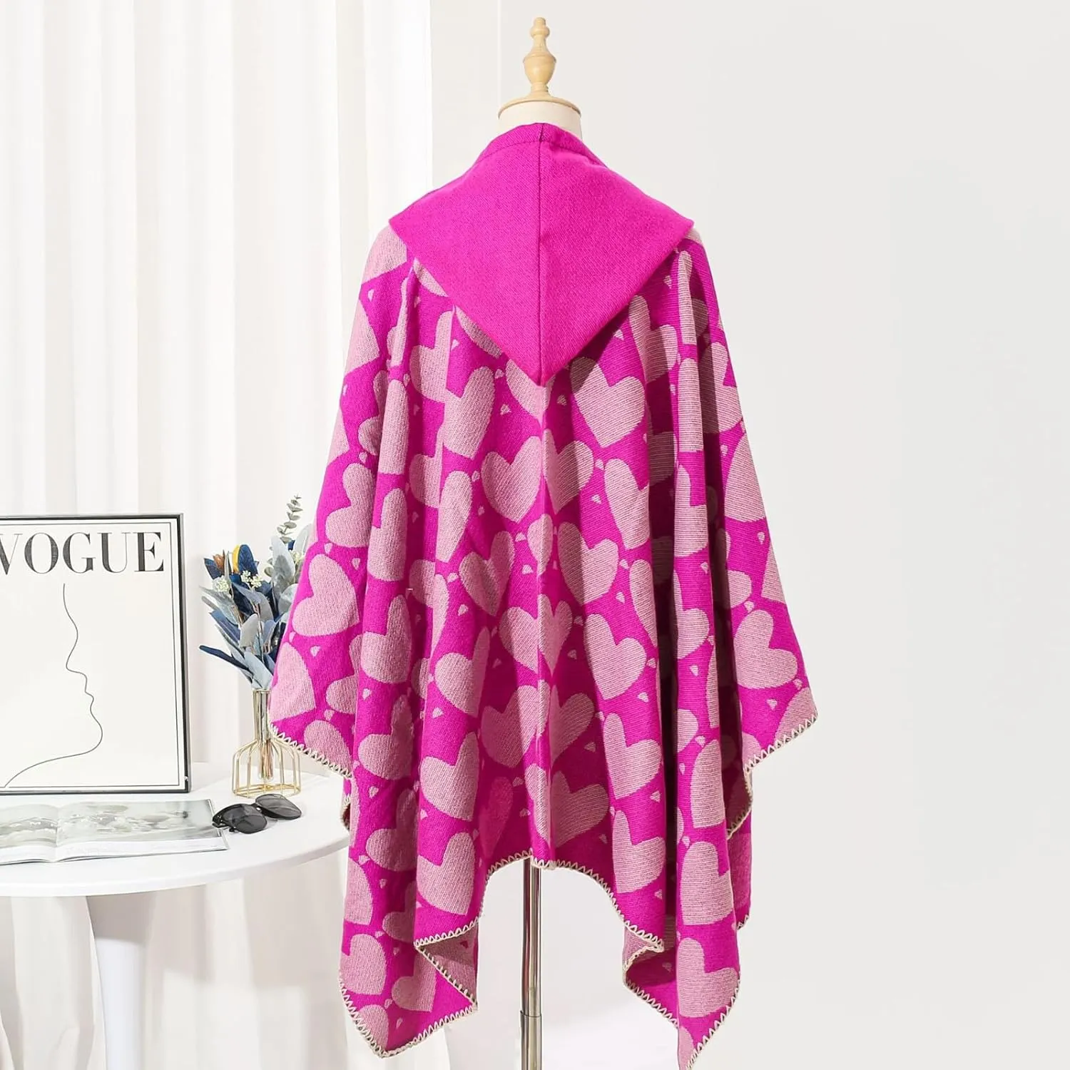 Knitted Poncho Shawl Wrap for Women Heart Print Hoodie Cape Winter Warm Trendy Tops Cloak for Cold Weather Travel 2024