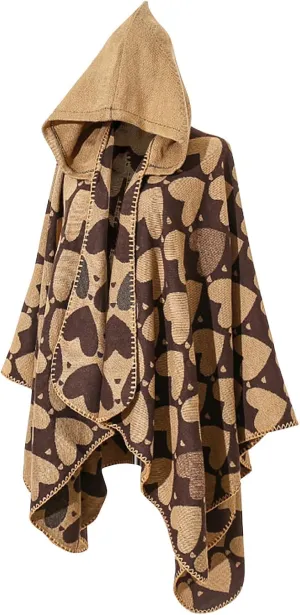 Knitted Poncho Shawl Wrap for Women Heart Print Hoodie Cape Winter Warm Trendy Tops Cloak for Cold Weather Travel 2024
