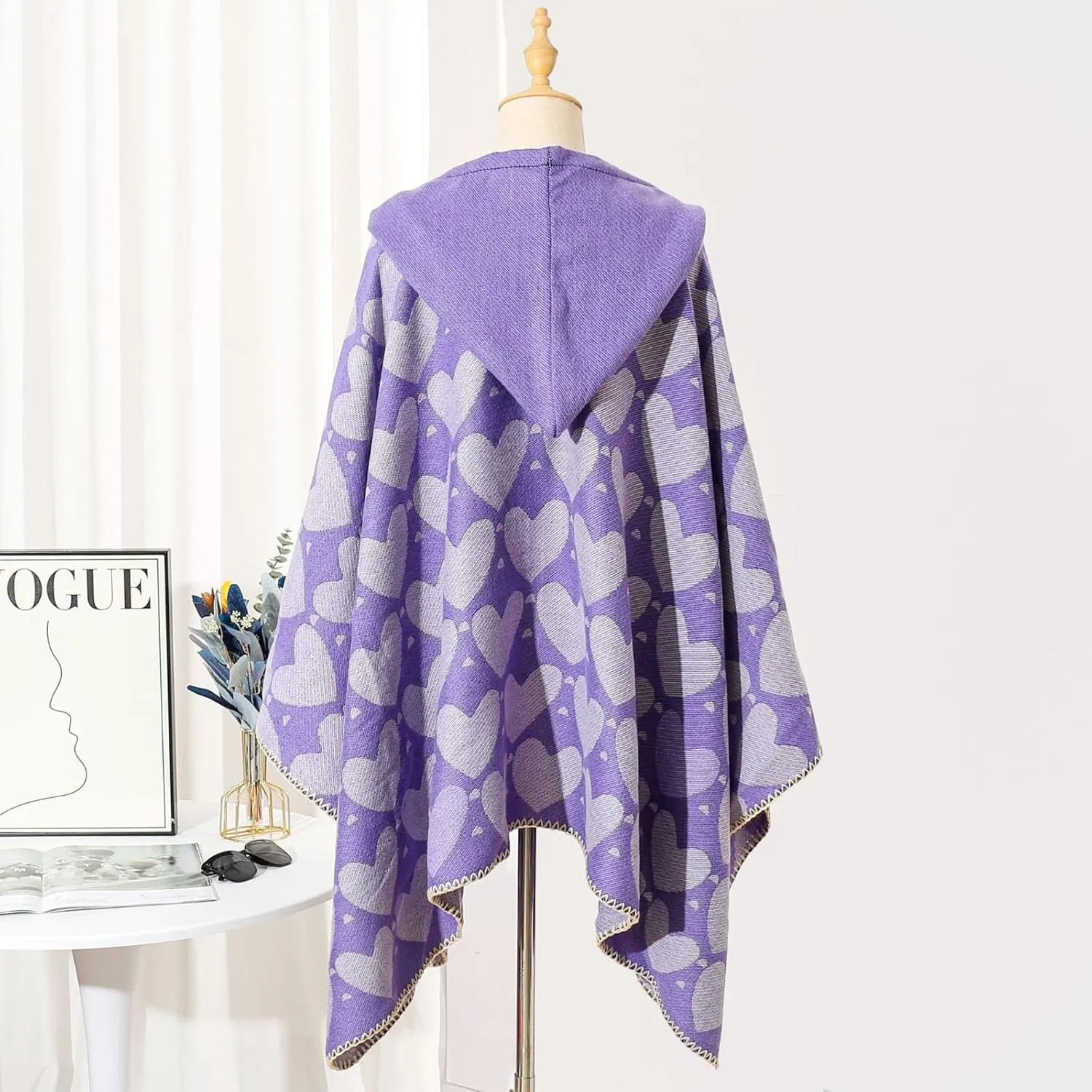 Knitted Poncho Shawl Wrap for Women Heart Print Hoodie Cape Winter Warm Trendy Tops Cloak for Cold Weather Travel 2024