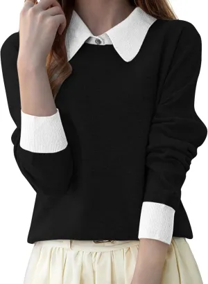 LAI MENG FIVE CATS Women's Polo Contrast Collar Knitwear Casual Long Sleeve Patchwork Pullover Blouse Top