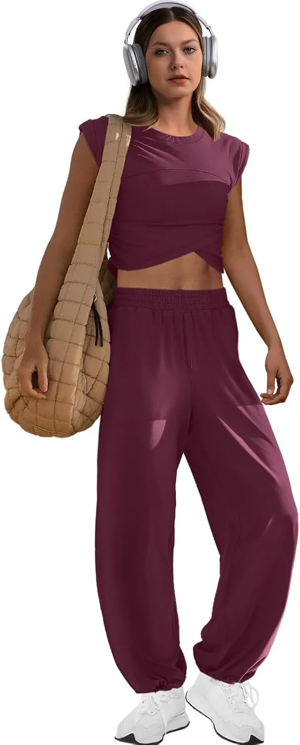 LAMISSCHE Womens Loungewear Set 2 Piece Outfits Sets Cropped Tops and Wide Leg Pants with Pockets Tracksuit