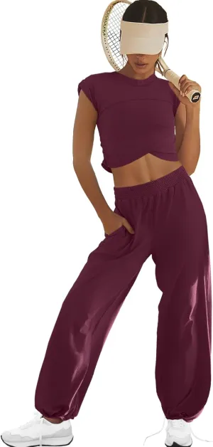 LAMISSCHE Womens Loungewear Set 2 Piece Outfits Sets Cropped Tops and Wide Leg Pants with Pockets Tracksuit