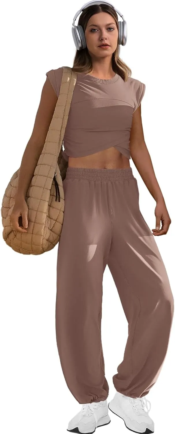 LAMISSCHE Womens Loungewear Set 2 Piece Outfits Sets Cropped Tops and Wide Leg Pants with Pockets Tracksuit