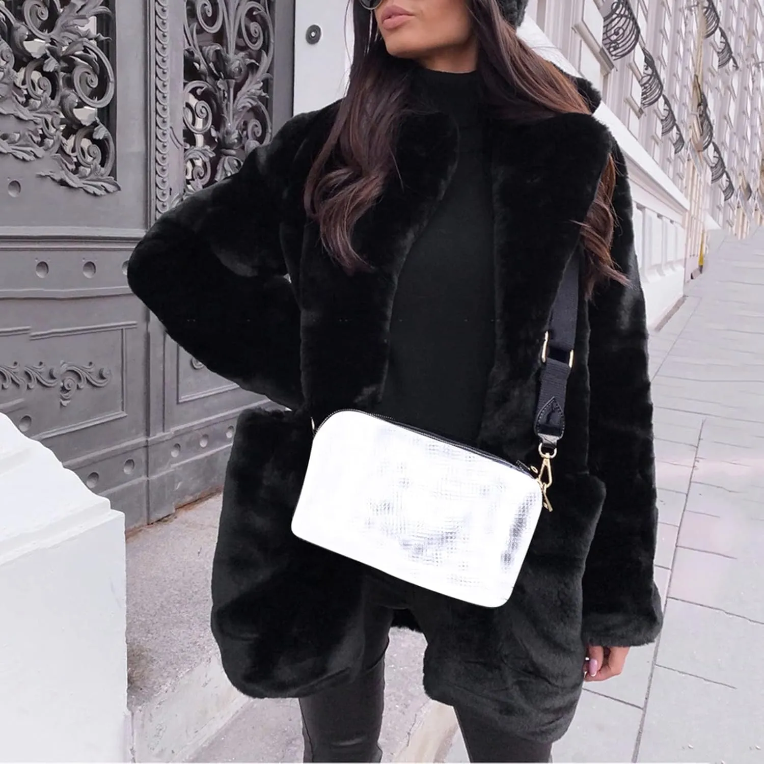 LCMTWX Winter Coats for Women Furry Women Long Jacket Faux Sleeve Short Warm Women's Coat Shaggy Coat Open Front White Faux