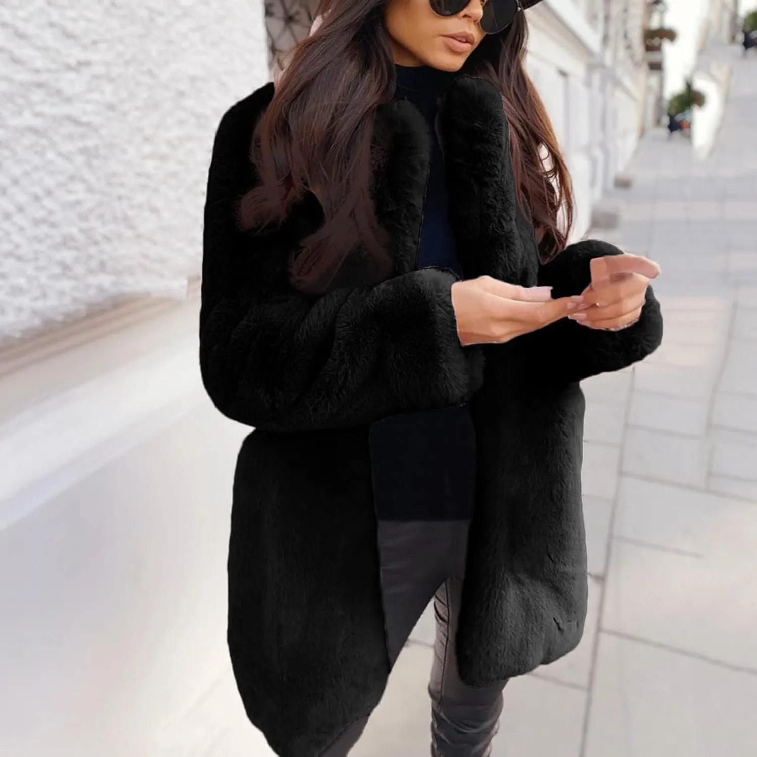 LCMTWX Winter Coats for Women Furry Women Long Jacket Faux Sleeve Short Warm Women's Coat Shaggy Coat Open Front White Faux