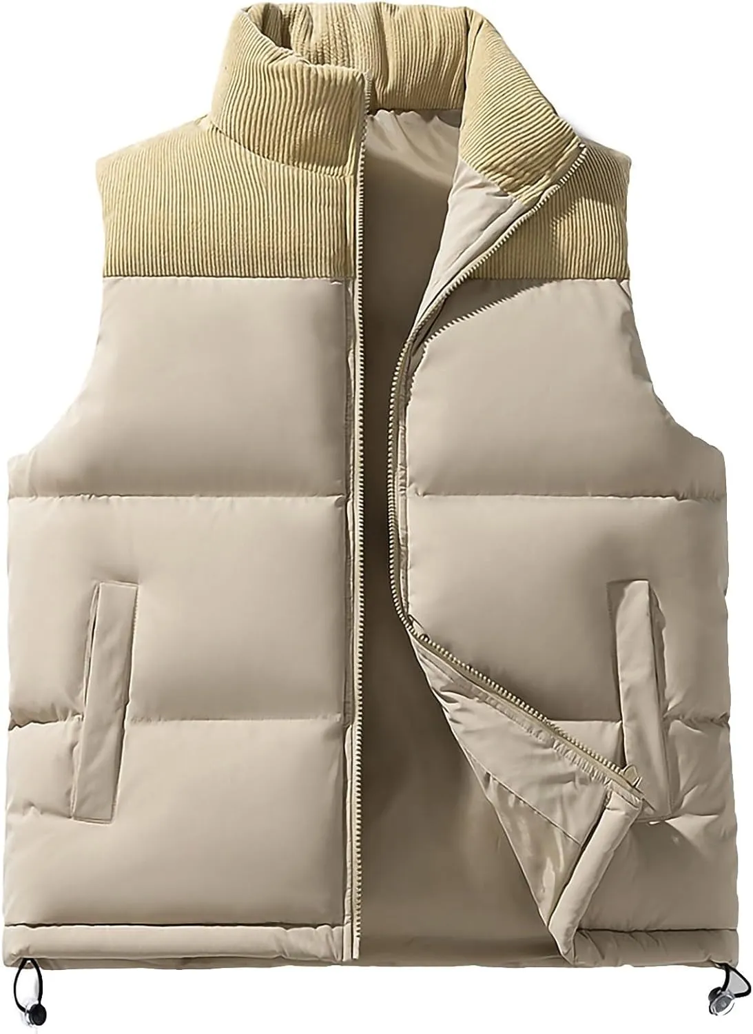 lcziwo Men's Puffer Vest Jacket Corduroy Patchwork Sleeveless Zip up Stand Collar Padded Cotton Coat Warm Winter Outwear
