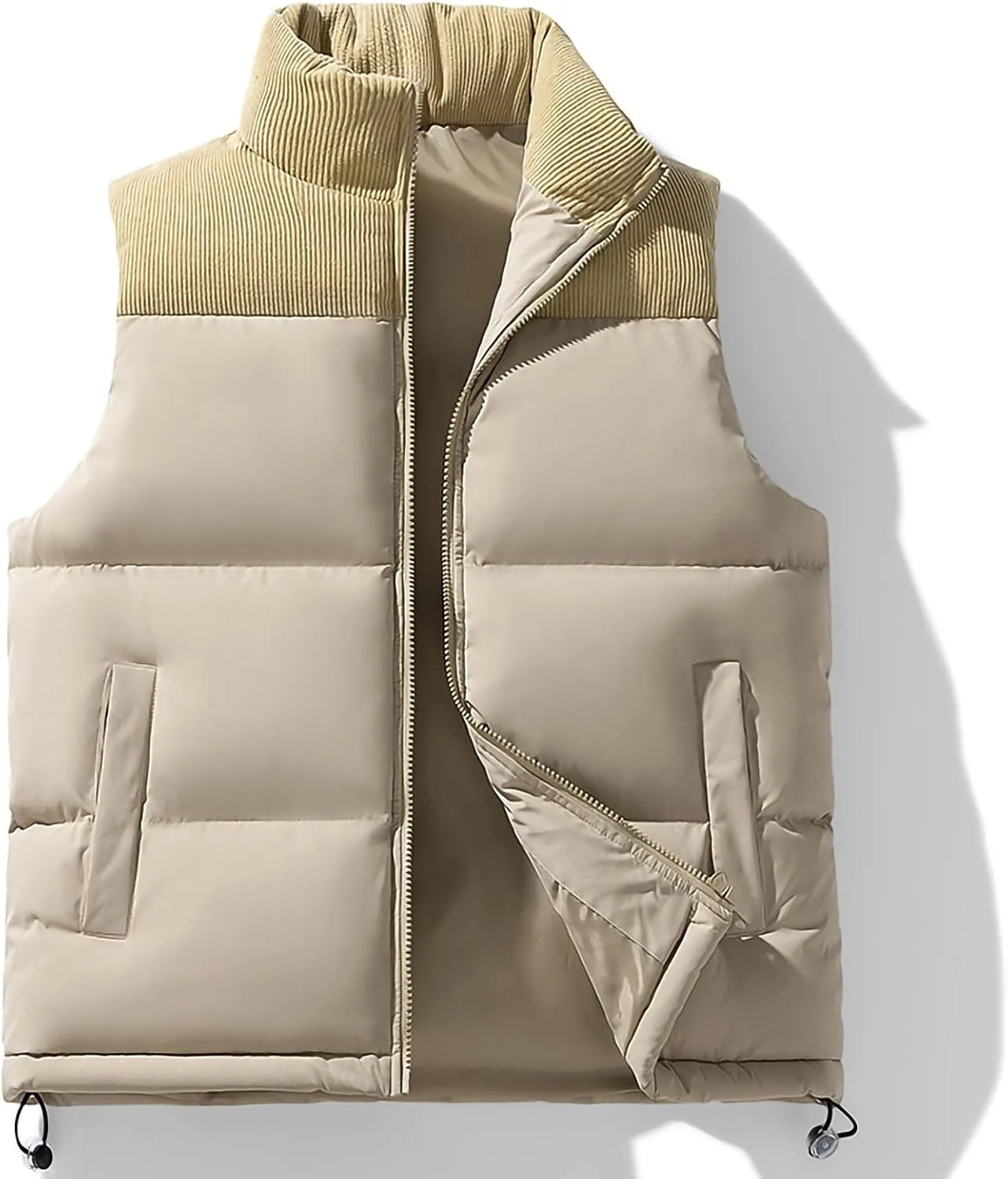 lcziwo Men's Puffer Vest Jacket Corduroy Patchwork Sleeveless Zip up Stand Collar Padded Cotton Coat Warm Winter Outwear