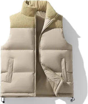 lcziwo Men's Puffer Vest Jacket Corduroy Patchwork Sleeveless Zip up Stand Collar Padded Cotton Coat Warm Winter Outwear