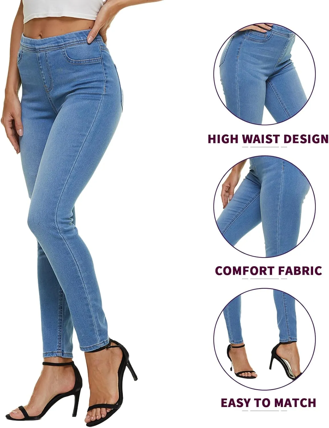 LICTZNEE Jeggings for Women High Waist, Stretchy Jeans Slim Fit Leg Pull on Jean with Pockets, Soft Breathable Cotton Blend