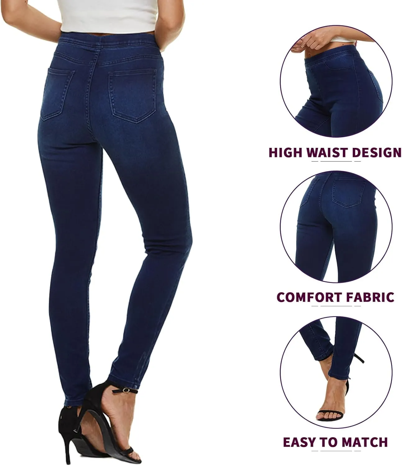 LICTZNEE Jeggings for Women High Waist, Stretchy Jeans Slim Fit Leg Pull on Jean with Pockets, Soft Breathable Cotton Blend