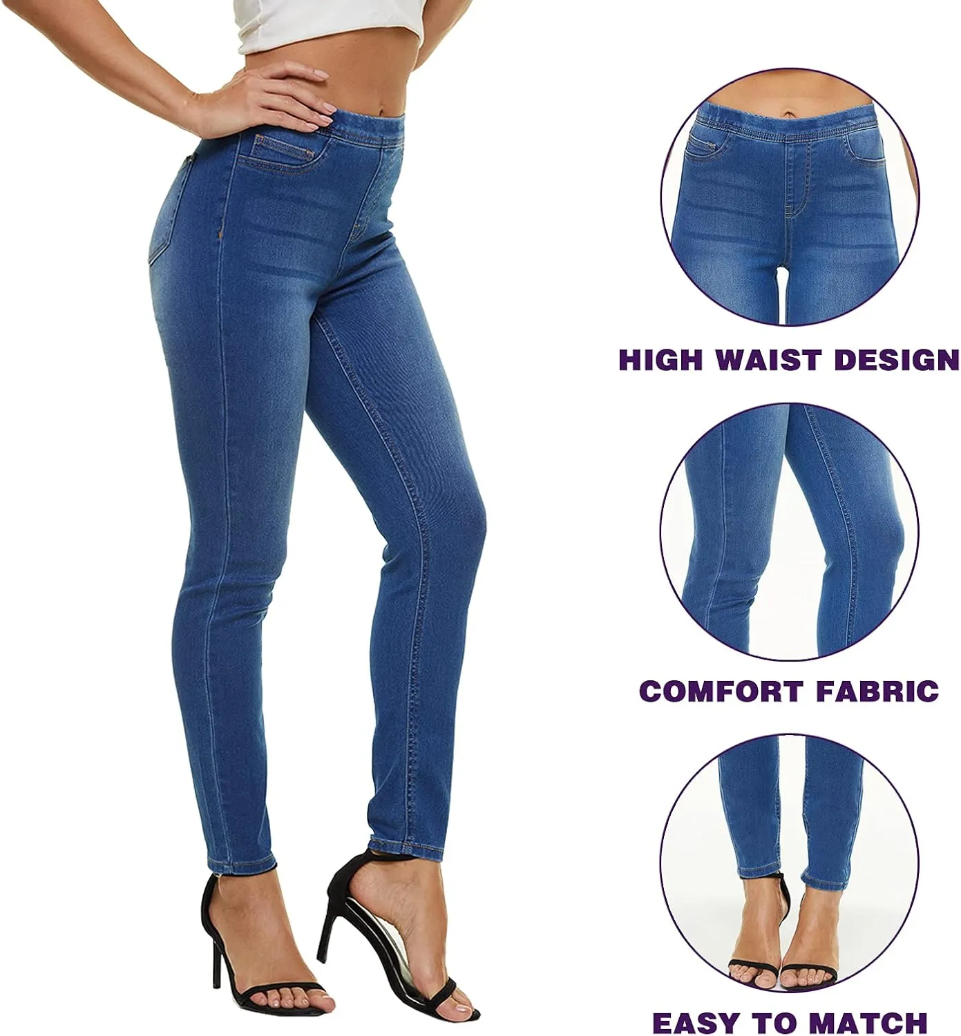 LICTZNEE Jeggings for Women High Waist, Stretchy Jeans Slim Fit Leg Pull on Jean with Pockets, Soft Breathable Cotton Blend
