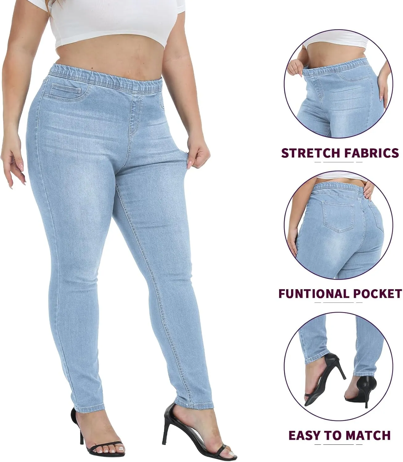 LICTZNEE Jeggings for Women High Waist, Stretchy Jeans Slim Fit Leg Pull on Jean with Pockets, Soft Breathable Cotton Blend