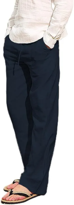 Linen Pants for Men Summer Casual Drawstring Elastic Waist Lightweight Comfy Straight Leg Pants with Pockets
