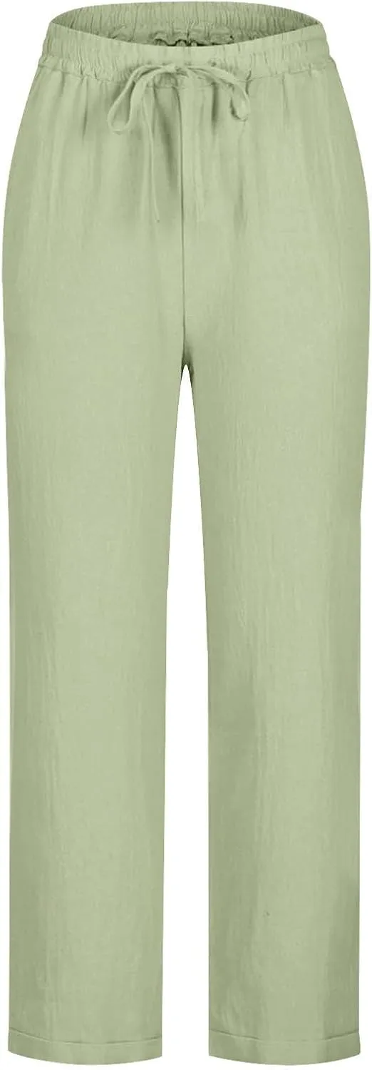 Linen Pants for Women 2025 Summer Casual Straight Loose High Waisted Drawstring Elastic Pant Daily Beach Trouser