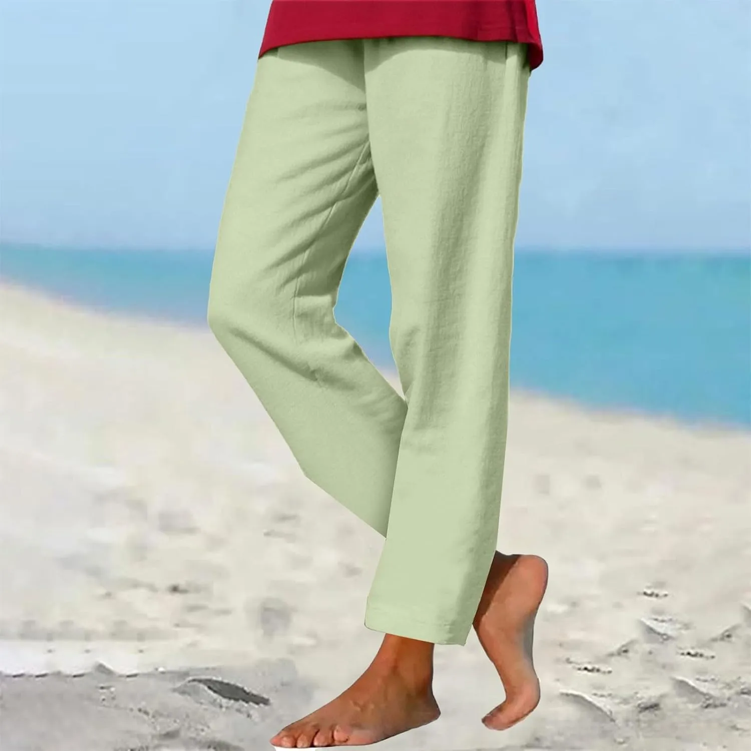 Linen Pants for Women 2025 Summer Casual Straight Loose High Waisted Drawstring Elastic Pant Daily Beach Trouser
