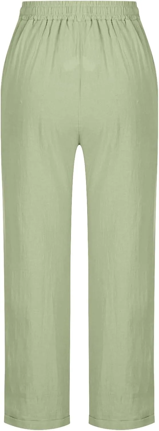 Linen Pants for Women 2025 Summer Casual Straight Loose High Waisted Drawstring Elastic Pant Daily Beach Trouser