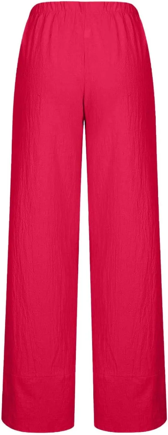 Linen Pants for Women Casual Summer Elastic Waist Sweatpants Boho Floral Print Wide Leg Palazzo Trousers with Pocket