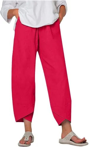 Linen Pants for Women Casual Summer Elastic Waist Sweatpants Boho Floral Print Wide Leg Palazzo Trousers with Pocket
