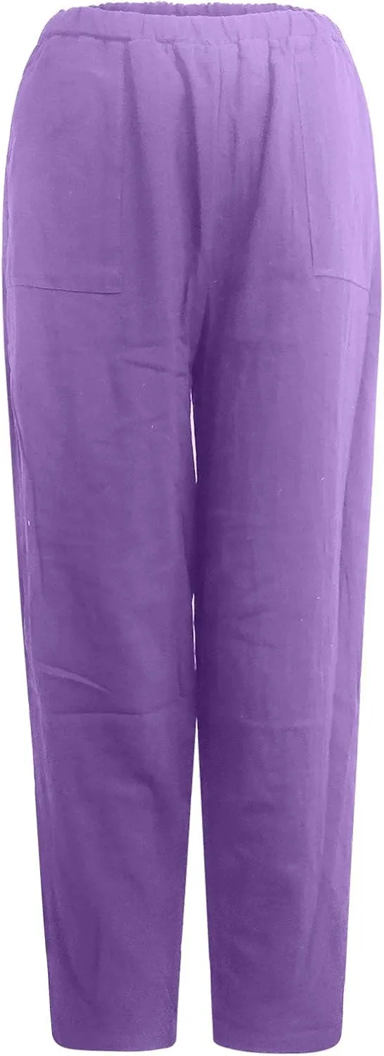 Linen Pants for Women Casual Summer Linen Pants Elastic Waist Pants Loose Tapered Pant Plus Size Trousers with Pocket