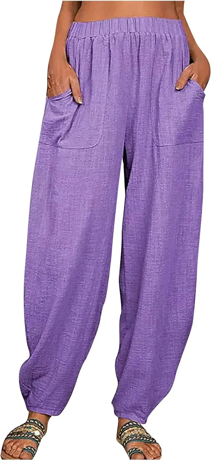 Linen Pants for Women Casual Summer Linen Pants Elastic Waist Pants Loose Tapered Pant Plus Size Trousers with Pocket