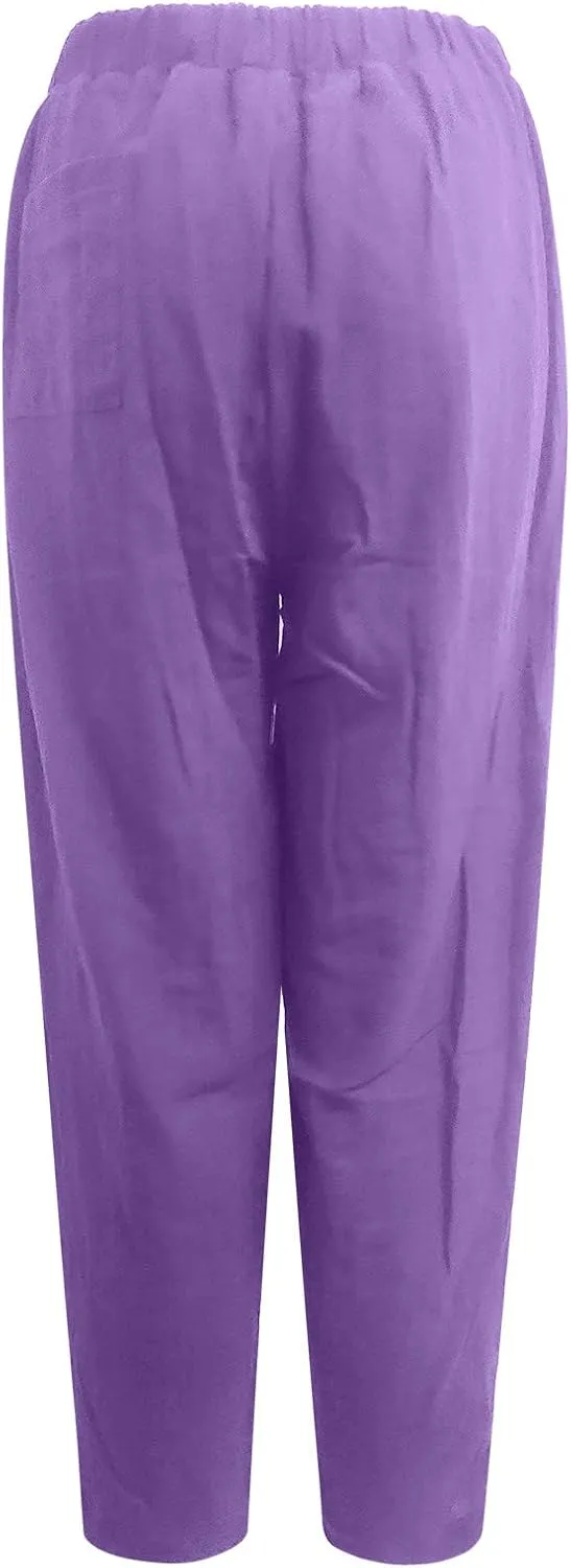 Linen Pants for Women Casual Summer Linen Pants Elastic Waist Pants Loose Tapered Pant Plus Size Trousers with Pocket
