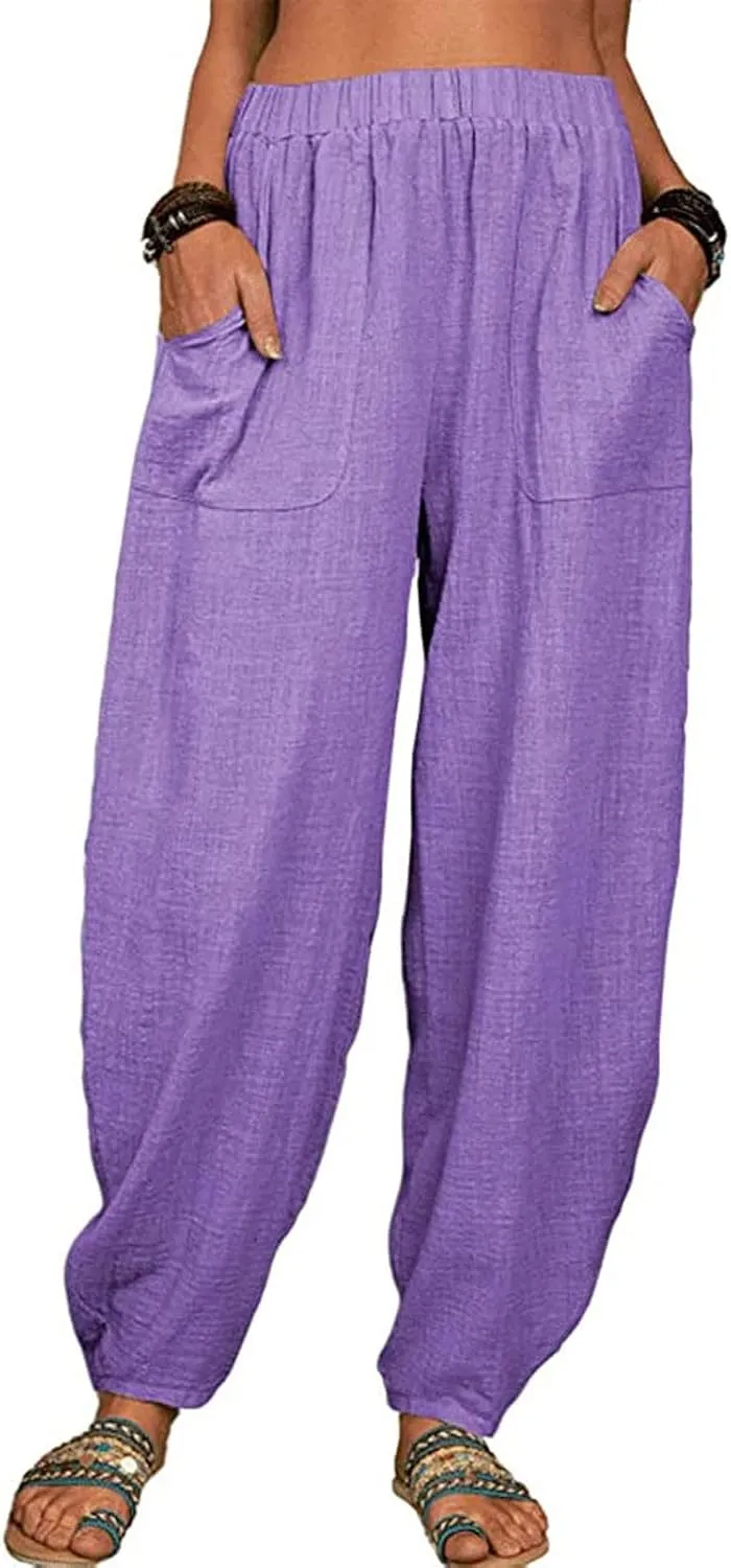 Linen Pants for Women Casual Summer Linen Pants Elastic Waist Pants Loose Tapered Pant Plus Size Trousers with Pocket