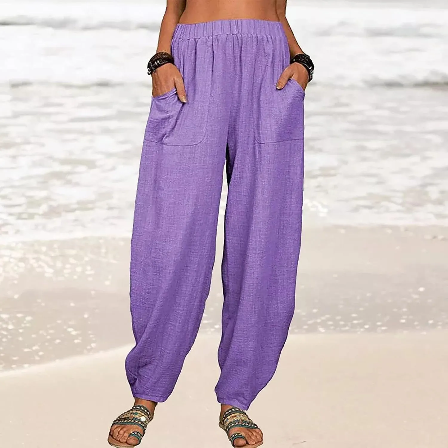 Linen Pants for Women Casual Summer Linen Pants Elastic Waist Pants Loose Tapered Pant Plus Size Trousers with Pocket