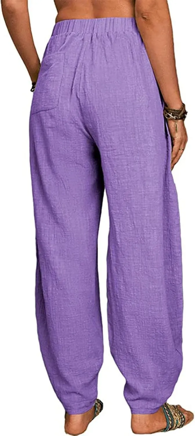 Linen Pants for Women Casual Summer Linen Pants Elastic Waist Pants Loose Tapered Pant Plus Size Trousers with Pocket