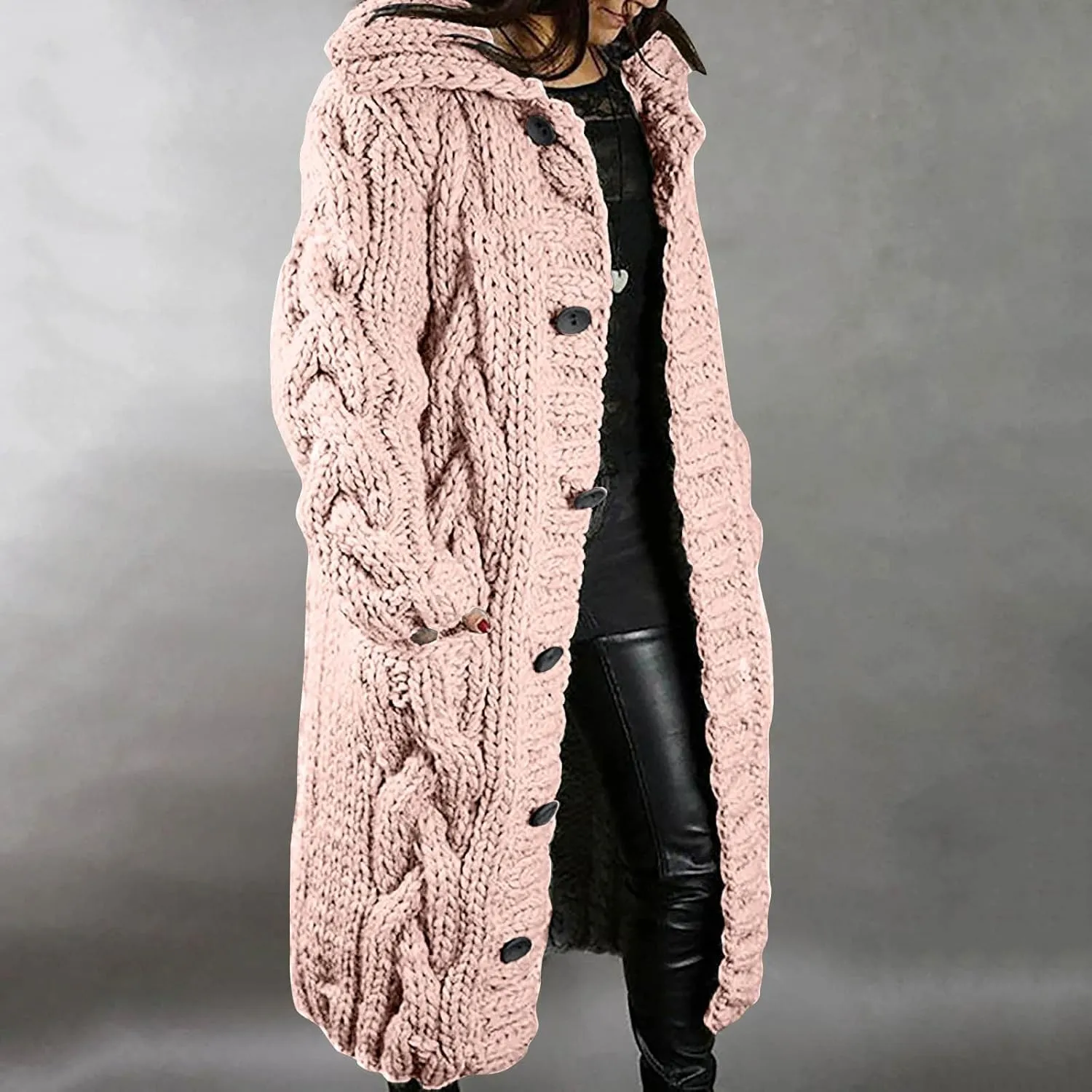 Long Trench Coats for Women Chunky Knitted Jackets Sweaters Long Sleeve Cardigan Tops Warm Hooded Jacket with Pocket