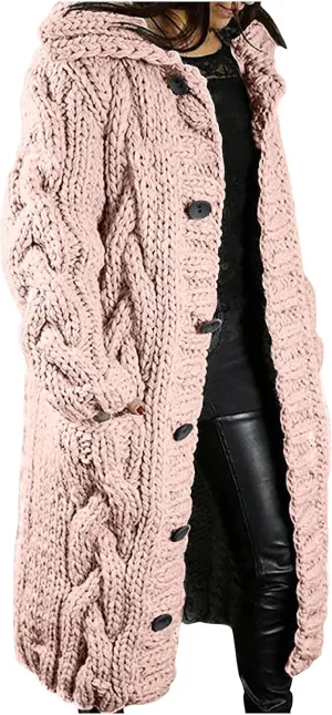 Long Trench Coats for Women Chunky Knitted Jackets Sweaters Long Sleeve Cardigan Tops Warm Hooded Jacket with Pocket