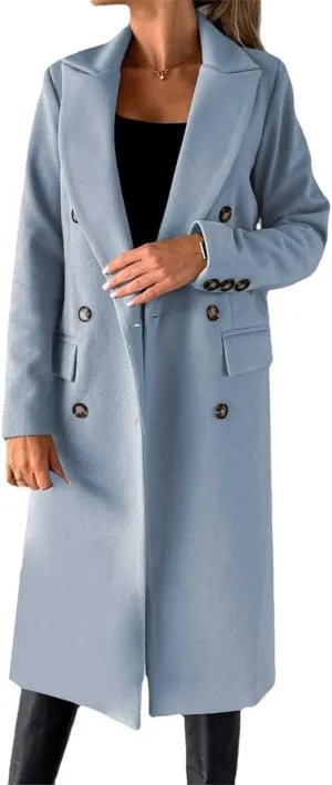 Long Winter Coats for Women Double Breasted Classic Lapel Outerwear Casual Trench Coat