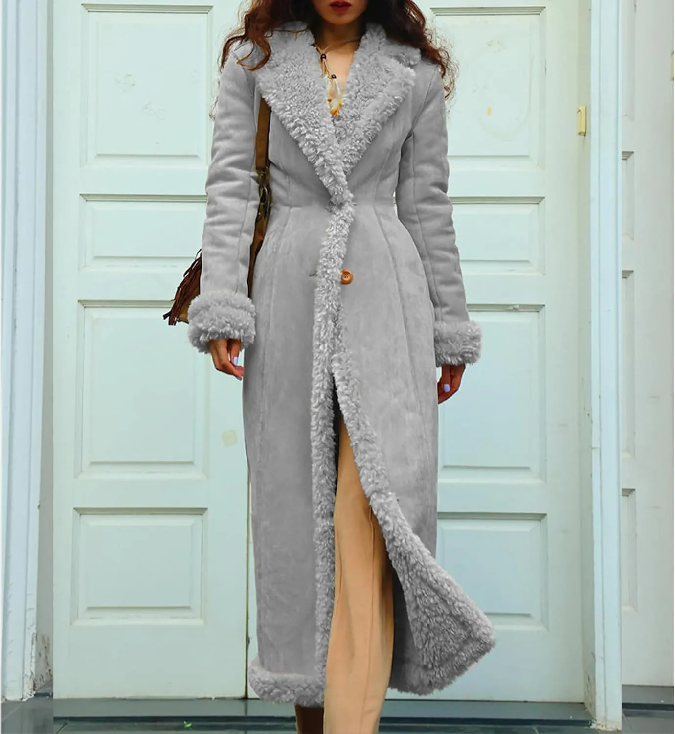 Long Winter Coats for Women Faux Suede Leather Shearing Jacket Fuzzy Sherpa Lined Trench Coat Business Casual Overcoat