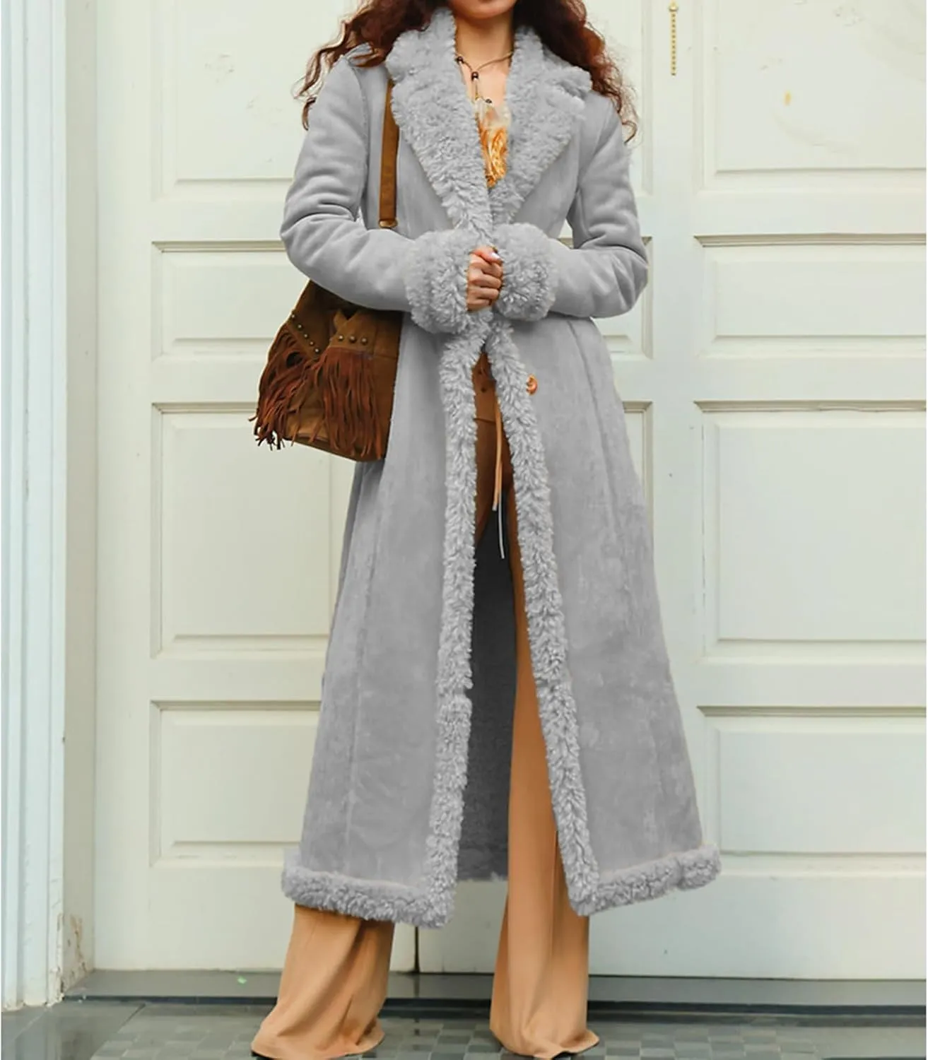Long Winter Coats for Women Faux Suede Leather Shearing Jacket Fuzzy Sherpa Lined Trench Coat Business Casual Overcoat