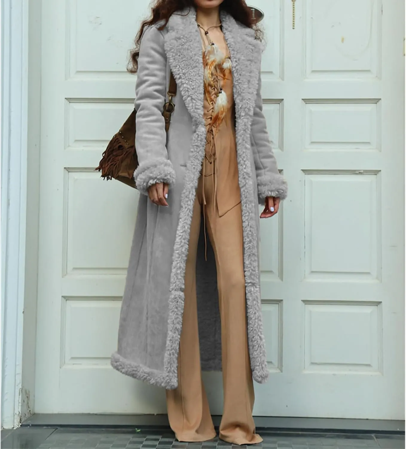 Long Winter Coats for Women Faux Suede Leather Shearing Jacket Fuzzy Sherpa Lined Trench Coat Business Casual Overcoat