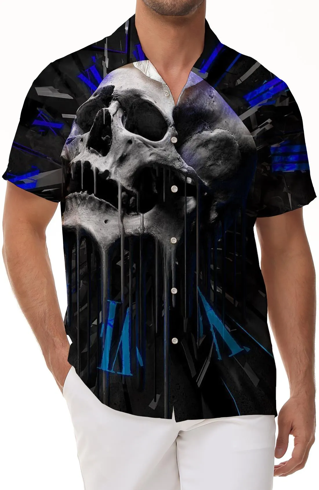 Loose Hawaiian button men's casual abstract shirt short sleeve clothing print black cool skull