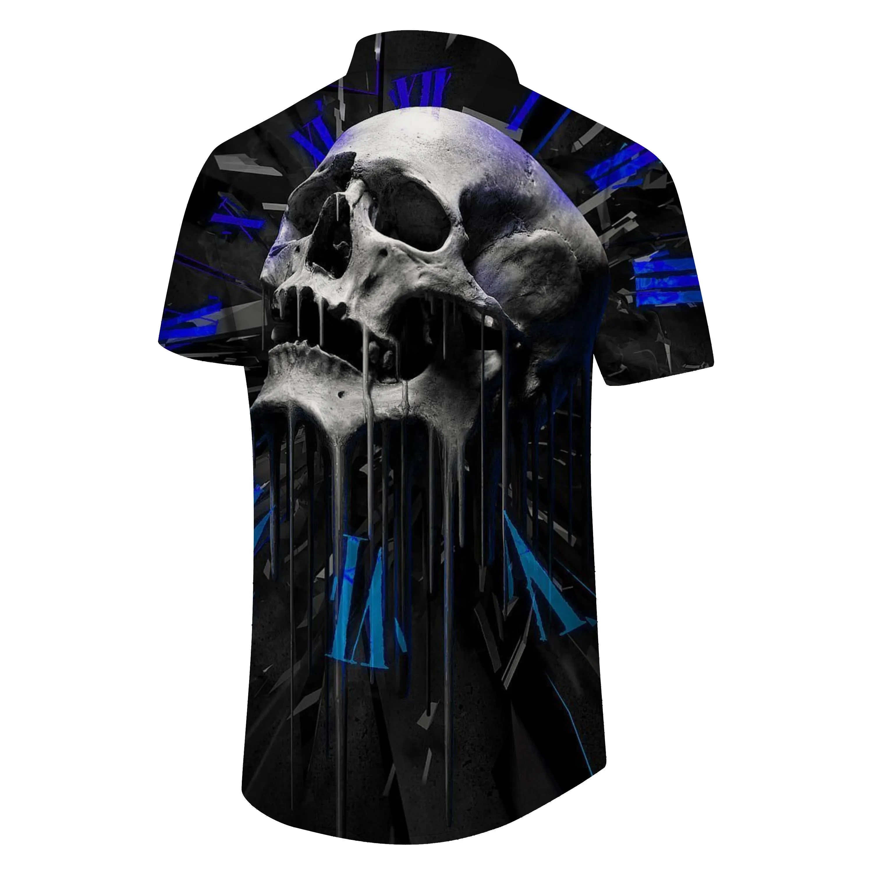 Loose Hawaiian button men's casual abstract shirt short sleeve clothing print black cool skull