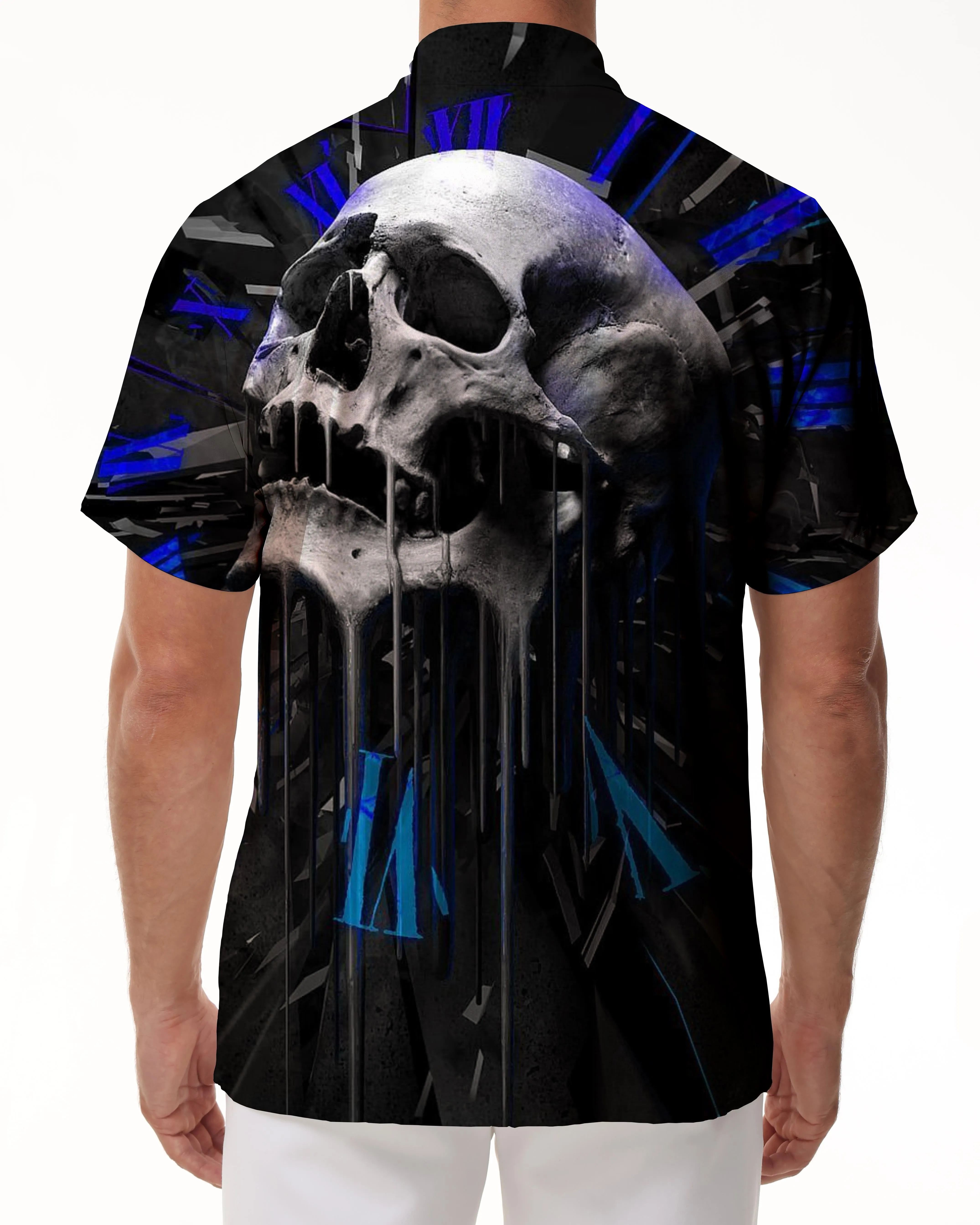 Loose Hawaiian button men's casual abstract shirt short sleeve clothing print black cool skull