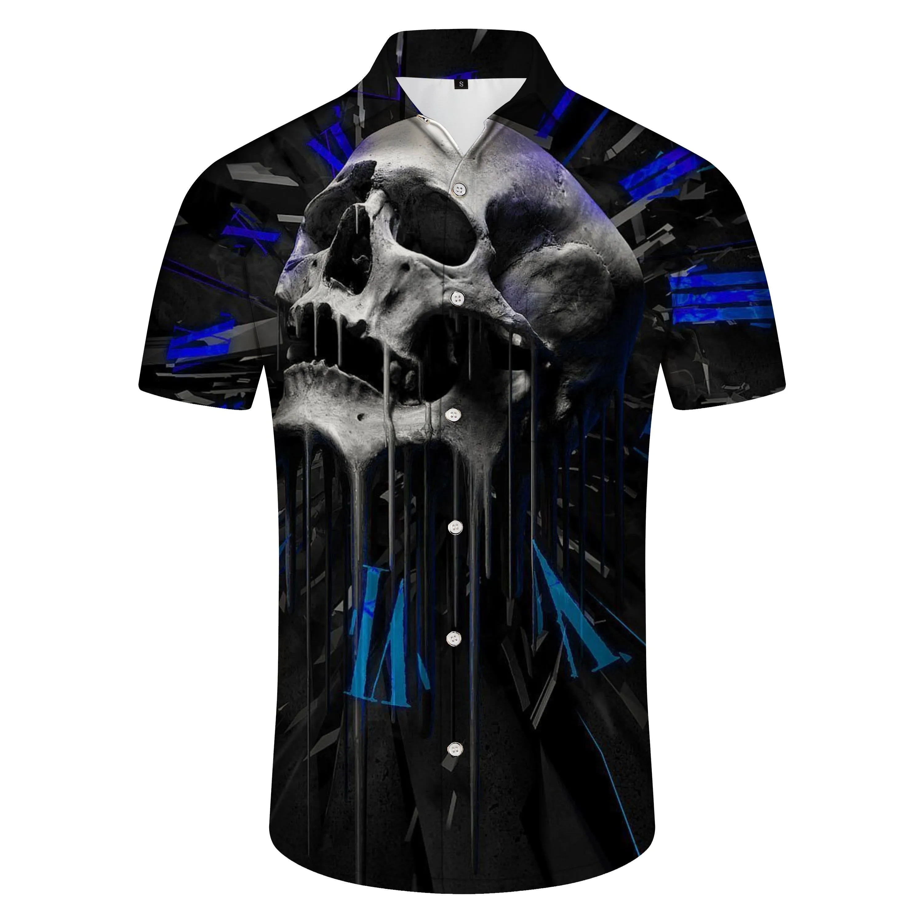 Loose Hawaiian button men's casual abstract shirt short sleeve clothing print black cool skull