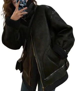 loveimgs Women Oversized Faux Suede Moto Jacket Sherpa Fleece Lined Leather Jacket Aviator Shearling Fur Coat Overcoat
