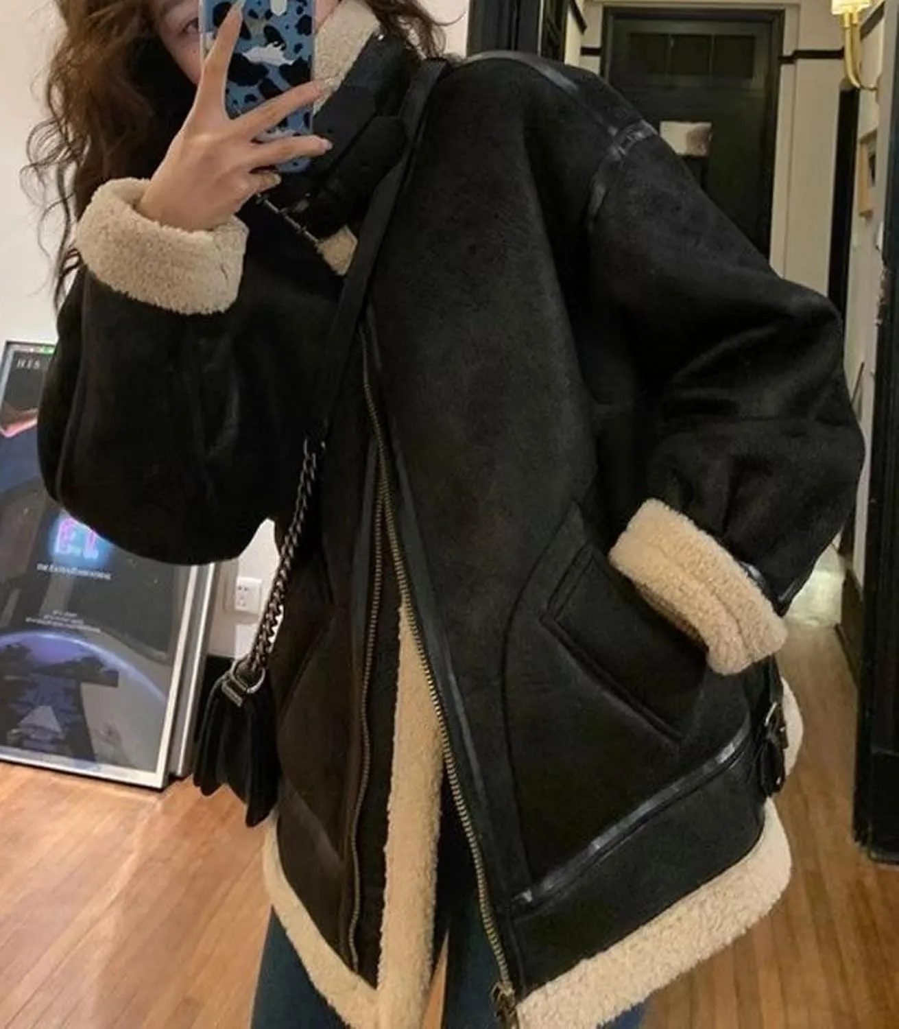 loveimgs Women Oversized Faux Suede Moto Jacket Sherpa Fleece Lined Leather Jacket Aviator Shearling Fur Coat Overcoat